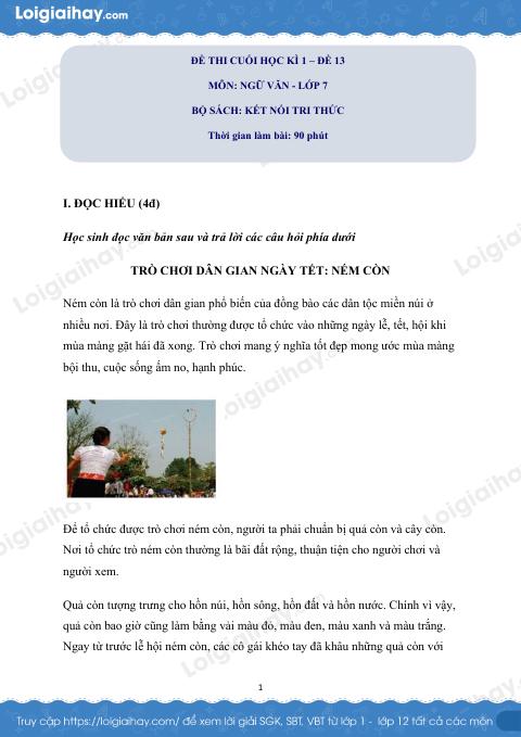 Đề thi học kì 1 Văn 7 Chân trời sáng tạo - Đề số 13